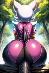 ai_generated ass assjob back_view bat big_ass big_penis black_penis buttjob clothed_sex dark-skinned_male dark_skin female furry long_penis male penis pov rouge_the_bat sex sex_from_behind short_hair sonic_(series) sonic_the_hedgehog_(series) trees white_hair