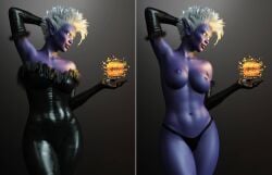 2girls 3d black_panties dark_elf elbow_gloves elf elf_female gloves ironclawroo on/off original panties pointy_ears purple_skin purple_skinned_female topless topless_female white_hair