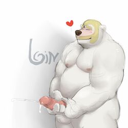 anthro balls bear biceps bin blush chubby closed_eyes cum cumshot erection facial_hair fur furry heart humanoid_penis male male_only mammal masturbation musclegut muscles nude orgasm penis polar_bear solo standing