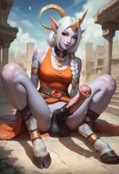 1futa ai_generated anklet arm_support armlet babski326 bare_shoulders belt bracelet braid breasts choker closed_mouth cloud collar colored_skin dress earrings erect full_body futa_only futanari hair_over_shoulder hoop_earrings hooves horn horns league_of_legends league_of_legends:_wild_rift long_hair looking_at_viewer makeup medium_breasts night no_panties orange_dress orange_eyes outdoors pointy_ears single_braid single_horn sitting sky sleeveless sleeveless_dress smile solo soraka spread_legs sweat tattoo testicles white_hair yellow_eyes