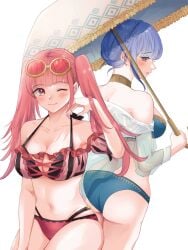 2024 2girls alternate_costume ass aytk_erabareta back-to-back bare_shoulders big_ass bikini blue_bikini blue_hair blue_swimsuit blush braid breasts brown_eyes cleavage closed_mouth crown_braid eyewear_on_head female female_only fire_emblem fire_emblem:_three_houses fire_emblem_heroes furrowed_brow halterneck highres hilda_valentine_goneril hilda_valentine_goneril_(summer) holding holding_umbrella large_breasts light-skinned_female light_skin looking_at_viewer looking_back marianne_von_edmund marianne_von_edmund_(summer) medium_breasts multiple_girls navel nintendo official_alternate_costume one_eye_closed parasol pink_bikini pink_eyes pink_hair pink_swimsuit red-tinted_eyewear short_hair sideways_mouth simple_background smile standing sunglasses sunglasses_on_head swimsuit tinted_eyewear twintails umbrella white_background wink yellow-framed_eyewear