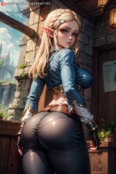 1girls ai_generated ass big_ass big_breasts big_butt blonde_female blonde_hair blue_eyes breasts curvaceous curvy curvy_body curvy_female curvy_figure elf elf_ears female female_only fit fit_female large_ass large_butt looking_at_viewer looking_back pointy_ears princess_zelda shirt solo standing supr3metr the_legend_of_zelda the_legend_of_zelda:_breath_of_the_wild the_legend_of_zelda:_tears_of_the_kingdom thick_thighs thighs wide_hips yellow_eyes yellow_hair zelda_(breath_of_the_wild)