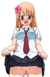 1girls beelzebub_(manga) between_breasts blush breasts brown_eyes female female_only flower hair_flower hanazawa_yuka long_hair necktie necktie_between_breasts open_mouth orange_hair pussy skirt skirt_lift solo