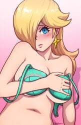 akairiot artist_name bare_shoulders blonde_hair blue_bra blue_eyes blush bra breasts commentary covering_breasts covering_privates earrings english_commentary female gradient_background hair_over_one_eye hand_on_own_chest highres jewelry large_breasts lips long_hair looking_at_viewer mario_(series) navel nintendo pink_background princess_rosalina signature simple_background solo star_(symbol) star_earrings super_mario_galaxy super_smash_bros. underwear unfastened