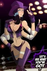 akuma_no_mi bare_arms bare_legs bare_shoulders bare_thighs big_breasts black_hair blue_eyes clothed clothing color cowboy_hat english_text female female_focus female_only gloves great_dude hana_hana_no_mi hi_res large_breasts long_hair miss_all_sunday nico_robin one_piece pre-timeskip pre_timeskip shounen_jump tagme tan_body tan_skin tanned text text_bubble thick_thighs wrestling wrestling_ring