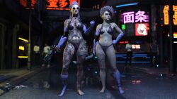 2girls 3d bikini black_bikini clothing female firearm grey_hair gun handgun human ironclawroo original pale_skin pink_hair prosthetic prosthetic_limb revolver robotic_arms sunglasses tattoo tinted_eyewear weapon