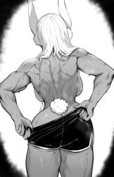 1girls absurd_res animal_ears ass ass_focus back back_view backboob bare_shoulders big_breasts black_and_white boku_no_hero_academia breasts bunny_ears bunny_tail clothing curvy dark-skinned_female dark_skin faceless_female female female_focus female_only hips human large_breasts long_hair masoq095 miruko monochrome muscular muscular_female my_hero_academia pinup pulling_up_shorts revealing_clothes rumi_usagiyama shorts simple_background skimpy solo solo_female steam struggling_to_fit sweat sweatdrop tail thick_thighs thighs topless voluptuous wide_hips