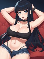 1girls ai_generated armbands arms_up big_breasts black_hair blue_eyes breasts cleavage collar dark_hair female female_focus female_only goth goth_girl gothic jorgecarlosai long_hair navel open_fly open_mouth pubic_hair pubic_hair_peek short_shorts shorts thong tiny_short toned underboob