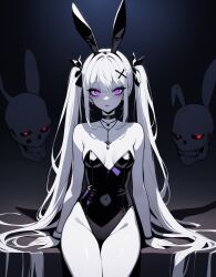 1girls ai_generated breasts bunny_ears bunny_girl bunnysuit choker goth gothic heart medium_breasts necklace poizie purple_eyes sad seductive seductive_look simple_background skulls synthetic_poison thick_butt thick_thighs thighs white_hair white_skin