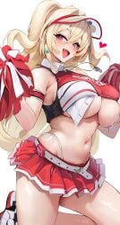 1girls belt_skirt belted_skirt blonde_hair breasts cheerleader cheerleader_uniform chela77 clay_(nikke) cleavage cute_fang female goddess_of_victory:_nikke hi_res huge_breasts light-skinned_female light_skin long_hair midriff red_eyes short_skirt skirt smile underboob wholesome