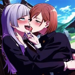 2girls ahe_gao ai_generated female female_only french_kissing human jujutsu_kaisen kasumi_miwa kissing kugisaki_nobara lgbtqia multiple_girls powerhouserift tongue_kiss tongue_touching_another's_tongue tongues_touching yuri