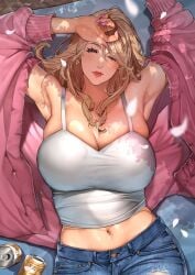 1girls 2024 anna-san_(sakuranotomoruhie) armpits bare_shoulders beer beer_can belly belly_button big_breasts blonde_hair blush breasts brown_eyes can cleavage clothed denim_shorts earrings falling_petals female highres hoop_earrings jacket jewelry large_breasts long_hair long_nails lying_on_back mature_female milf nail_polish navel on_back one_eye_closed original outdoors petals pink_jacket pink_nail_polish sakura_petals sakuranotomoruhie shorts skindentation solo spring tank_top white_tank_top