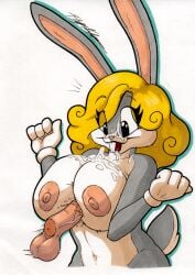 absurd_res anthro balls big_breasts blonde_hair bodily_fluids breast_play breasts bugs_bunny clothing cum cum_in_mouth cum_inside cum_on_face female fur genital_fluids genitals gloves grey_body grey_fur hair handwear hi_res lagomorph leporid looney_tunes mammal penis rabbit rotten_owl sex simple_background solo teeth titjob traditional_media_(artwork) warner_brothers white_background