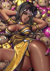 1girls arms_up artist_signature black_hair brown_eyes busty cleavage cleavage_cutout curvy dark-skinned_female dark_skin dreadlocks hands_behind_head looking_at_viewer mortal_kombat mortal_kombat_1_(2023) tanya_(mortal_kombat) teddy_bear thick_thighs thighs thotlerrr treartz