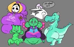 1boy 4girls animal animal_thick_thighs annoyed_expression bbw big_ass big_belly big_breasts biped blonde_female blonde_hair blush cactus_girl chubby chubby_female claws clothed clothed_female clothing creeper_(minecraft) creepette daisy_the_dino dark-skinned_female dark_skin dinosaur_girl drawing eyebrows flower_on_head frog gray_background hoodie lowres mario_(series) multiple_characters original_character pink_eyes prickle_the_cactus pubes pubic_hair quadruped shy_gal sleepyfrog sleepyslut sweatdrop text text_bubble text_on_clothing thick_eyebrows tired_eyes uncensored violet_the_shygal white_eyes