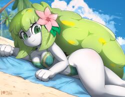 1girls 2024 anthro artist_name beach bikini blurry_background breasts cleavage female female_only flower flower_in_hair green_eyes highres looking_at_viewer medium_breasts palm_tree pokémon_(species) pokemon pokemon_(species) pokemon_dppt rilex_lenov sand shaymin solo towel watermark wide_hips