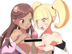 2girls :0 :d artist_request black_hair blush breasts brown_eyes brown_hair censor_bar censored chocolate_and_vanilla cum cum_on_face dark-skinned_female dark_skin exposed_breasts female flower flower_in_hair furisode_girl_(pokemon) furisode_girl_blossom furisode_girl_katherine gym_leader japanese_clothes long_hair mosaic_censoring naked nintendo nipples npc_trainer nude pokemon pokemon_xy pussy sex