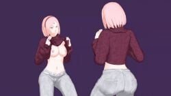 3d animated animated ass boruto:_naruto_next_generations bouncing_breasts breasts breasts_out breasts_squeezed_together clothes_lift female green_eyes grey_pants hairband large_breasts looking_down naruto naruto_(series) nipples pants pink_hair sakura_haruno simple_background solo sweater sweater_lift