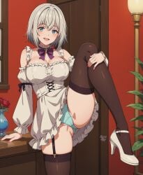 ai_generated big_breasts brown_thighhighs demens_kippy gilf green_eyes green_panties high_heels jiisan_baasan_wakagaeru large_breasts looking_at_viewer medium_hair neckerchief one_leg_bent one_leg_on_ground one_leg_raised painted_nails panties pantsu pov pussy pussy_focus rose saitou_ine signature silver_hair spread_legs suspenders vagina vase white_high_heels