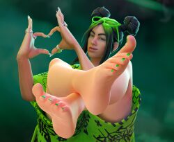 3d 3d_(artwork) barefoot billie_eilish billie_eilish_(fortnite) blender_(software) camsad eyewear_on_head feet feet_together feet_up focus_on_feet foot_fetish foot_focus fortnite green_hair green_nails long_nails nail_polish sunglasses_on_head