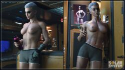 1girls 3d charlie_(ironclawroo) eyepatch ironclawroo original prosthetic prosthetic_limb short_hair shorts topless topless_female white_hair