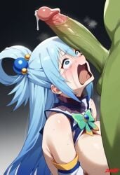 1boy 1girls ai_generated almost_naked aqua_(konosuba) bare_shoulders big_balls big_penis blue_eyes blue_hair crying_with_eyes_open dai01 female green_skin hair_bobbles hair_rings kono_subarashii_sekai_ni_shukufuku_wo! large_breasts large_penis long_hair looking_at_penis male naked_male open_mouth orc orc_dom orc_male ornament penis penis_on_face precum scared scared_expression screaming side_view single_hair_ring size_difference steamy_penis tongue_out uncensored