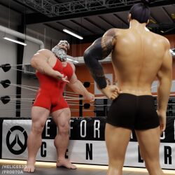 2boys 3d 3d_model absurd_res bulge feet frogtoa gay hanzo height_difference helices3d male male/male male_only muscular muscular_male older_male older_male_younger_male overwatch overwatch_2 pov reinhardt talking tattoo tattooed_arm white_beard white_hair wrestler wrestling wrestling_ring wrestling_singlet