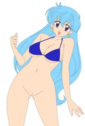 1girls aqua_hair bikini bottomless bra breasts busakumas busty earrings female highres legs long_hair photoshop purple_eyes pussy smile stewardess swimsuit tenjouin_katsura thighs uncensored vector_trace yat_anshin_uchuu_ryokou