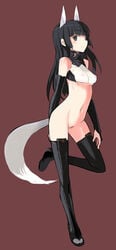 anabuki_tomoko animal_ears bare_shoulders black_eyes black_hair bottomless clothing erect_nipples erect_nipples_under_clothes female long_hair navel photoshop pubic_hair shimada_fumikane simple_background small_breasts smile solo stockings strike_witches tail