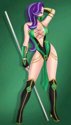 1girls 2020 arm_up artist_request big_breasts black_legwear cleavage deviantart deviantart_link equestria_girls female female_only gold_chain green_background green_clothing hand_on_head hasbro inner_sideboob jade_(mortal_kombat)_(cosplay) large_breasts light-skinned_female mask masked_female mortal_kombat mortal_kombat_(2011) my_little_pony purple_eyes purple_hair revealing_clothes solo starlight_glimmer two_tone_hair