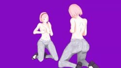 3d animated animated ass boruto:_naruto_next_generations bouncing_breasts breasts breasts_squeezed_together female green_eyes grey_pants hairband hand_on_own_chest kneeling large_breasts looking_down naruto naruto_(series) nipples pants pink_hair rubbing_breasts sakura_haruno sandals simple_background solo topless topless_female