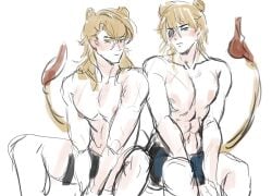 2boys animal_ears ares_(fire_emblem) blonde_hair blue_eyes brown_hair byebyefrog dimitri_alexandre_blaiddyd eyepatch fire_emblem fire_emblem:_genealogy_of_the_holy_war fire_emblem:_three_houses lion_boy looking_at_viewer male male_only medium_hair multiple_boys muscular muscular_male nintendo scar short_hair sitting tail topless underwear white_background yellow_eyes