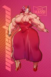 artist_name big_ass big_breasts big_butt big_muscles brown_hair looking_at_viewer muscle muscle_girl muscles muscular muscular_arms muscular_female muscular_legs muscular_thighs posing posing_for_the_viewer red_dress red_high_heels rose_(flower) text tight_fit upper_body veins veiny_muscles what_a_mass!