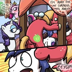 anus balls big_macintosh_(mlp) bondage bound cutie_mark english_text equine female friendship_is_magic horn humor male my_little_pony penis pokehidden princess_cadance_(mlp) rarity_(mlp) shining_armor_(mlp) smile straight_hair text tiara unicorn