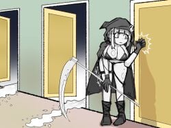 blunt_bangs death_knocking_on_doors_(meme) grim_reaper holding_weapon hood large_breasts meme original original_character revealing_clothes scythe short_hair suggestive_fluid