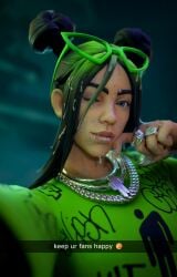 1girls 3d 3d_(artwork) billie_eilish billie_eilish_(fortnite) camsad caption cum cum_in_hair cum_in_mouth cum_on_body cum_on_face female fortnite green_hair long_nails nail_polish selfie snapchat solo