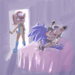 anthro bedroom black_hair blue_hair bluechika blush breasts chipmunk closed_eyes feline female hair hedgehog kissing lynx male mammal nicole_the_lynx nude red_hair rodent sally_acorn sega sex shocked sonic_(series) sonic_the_hedgehog