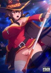 1girls bandaged_leg big_breasts black_thighhighs brown_hair cape female female_only fingerless_gloves hi_res kono_subarashii_sekai_ni_shukufuku_wo! megumin no_panties ohdax pussy red_eyes solo thick_thighs thighhighs witch_hat