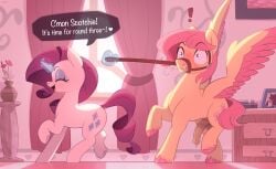 2024 absurd_res animal_genitalia animal_penis closed_eyes cutie_mark dialogue digital_media duo english_text equid equine equine_genitalia equine_penis exclamation_point eyebrows eyelashes female femboy feral fluttershy_(mlp) friendship_is_magic ftm_crossgender full_color genderswap_(ftm) genitals hasbro heart_symbol hi_res hooves horn horsecock humor inside male mammal medial_ring my_little_pony mythological_creature mythological_equine mythology no_penetration nookprint pegasus penis pink_theme plant plant_pot potted_plant quadruped rarity_(mlp) rule_63 side_view text unicorn wings