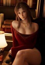 1girls 3d 3d_(artwork) bedroom_eyes billyhhyb blender books bookshelf brown_hair cleavage crossed_legs female final_fantasy final_fantasy_vii final_fantasy_vii_remake green_eyes highres ifalna indoors large_breasts long_hair looking_at_viewer mature_female milf necklace no_panties sitting square_enix