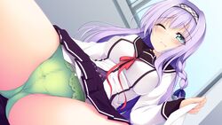 blue_eyes blush braid breasts cameltoe censored embarrassed female game_cg hairband highres kazakura koi_shiyo? large_breasts legs long_hair looking_down panties pointless_censoring purple_hair school_uniform skirt solo spread_legs thighs underwear wince window