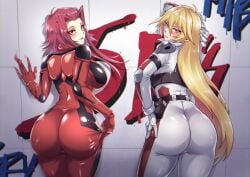 2girls against_wall akiza_izinski ass ass_focus biker_clothes biker_girl bikesuit blonde_hair blush bodysuit brown_eyes female female_only green_eyes hair_between_eyes huge_breasts izayoi_aki large_ass large_breasts long_hair looking_at_viewer looking_back medium_hair messy mibry_(phrysm) red_hair sherry_leblanc sideboob solo_focus thick_thighs tight_clothing tongue tongue_out uncensored wide_hips yu-gi-oh! yu-gi-oh!_5d's