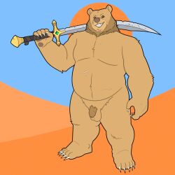 absurd_res anthro arm_tuft bald balls barbarian beard belly_tuft brown_beard brown_facial_hair chest_tuft claws elbow_tuft facial_hair feet finger_claws flaccid foreskin fur gem genitals greatsword hi_res holding_melee_weapon holding_object holding_sword holding_weapon humanoid_genitalia humanoid_hands humanoid_penis knee_tuft leg_tuft male male_only melee_weapon nude overweight overweight_anthro overweight_male pawpads penis quasarbearcat scar shoulder_tuft simple_background smile smiling_at_viewer solo standing sword syrian_bear tan_body tan_fur teeth toe_claws tuft weapon white_claws yellow_eyes