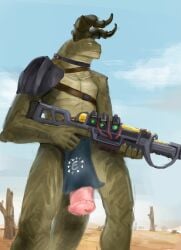 1boy 5_fingers absurd_res animal_genitalia animal_penis anthro armor assault_rifle balls bethesda_softworks big_horns big_penis big_tail black_horns blunt_penis bodily_fluids clavicle claws clothed clothing collar collarbone comic cropped_legs curved_horns deathclaw deltoids desert dragon dripping equine_genitalia equine_penis facing_away facing_to_the_side fallout feral finger_on_trigger fingers firearm first_person_view front_view genital_fluids genitals green-skinned_male green_body green_skin gun hecreat hi_res holding_rifle holding_weapon horn horns huge_cock humanoid laser_gun laser_rifle lizard loincloth long_loincloth looking_aside looking_away looking_to_the_side low-angle_view male male_only microsoft muscular muscular_neck mythological_creature mythological_scalie mythology neck nude nude_male outdoors pecs pelvic_curtain penis penis_under_loincloth perspiration precum precum_drip raider ranged_weapon reptile ridged_horns rifle scales scalie sharp_teeth shoulder_armor shoulder_pad shoulders side_view snout solo solo_male standing straps sweat sweat_drip sweating tail thick_neck thick_penis thick_tail third_leg tracking_collar tracking_device trigger_discipline unconvincing_armor urethra warrior weapon wilderness worm's-eye_view