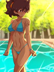 1girls amphibia amphibia_(finale) anne_boonchuy bikini blue_bikini breasts brown_hair dark-skinned_female dark_skin female female_only fit_female happy looking_away ponytail pool poolside sly_(artist) smile smiling solo solo_female thai thai_female tummy watermark wristband