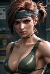 ai ai_generated bra brown_hair genderbent genderswap_(mtf) green_bra grey_headband headband konami metal_gear metal_gear_solid nipples_visible_through_bra nipples_visible_through_clothing rule63 rule_63 rule_63 rule_63 solid_snake