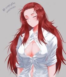 1girls big_breasts cleavage closed_eyes gebura_(lobotomy_corporation) library_of_ruina long_hair open_clothes project_moon red_hair shirt standing