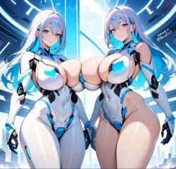 2robot_girls ai_generated android big_breasts blue_eyes blue_hair dressed hi_res huge_breasts leotard long_hair looking_at_viewer poncedart pov robot_humanoid thighs white_hair