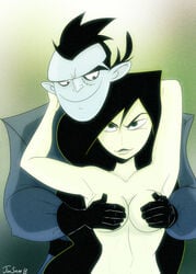 1boy 1girls armpits black_hair breasts covering_breasts disney dr._drakken female human jimsam-x kim_possible male medium_breasts shego straight topless