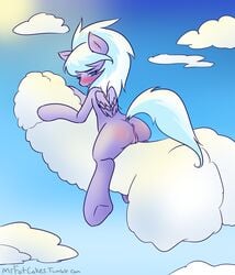 2012 anus blue_eyes blush cloud_chaser_(mlp) clouds color equine female feral friendship_is_magic hair horse looking_at_viewer looking_back mrfatcakes my_little_pony pegasus pony pussy red_ass solo two_tone_hair wings